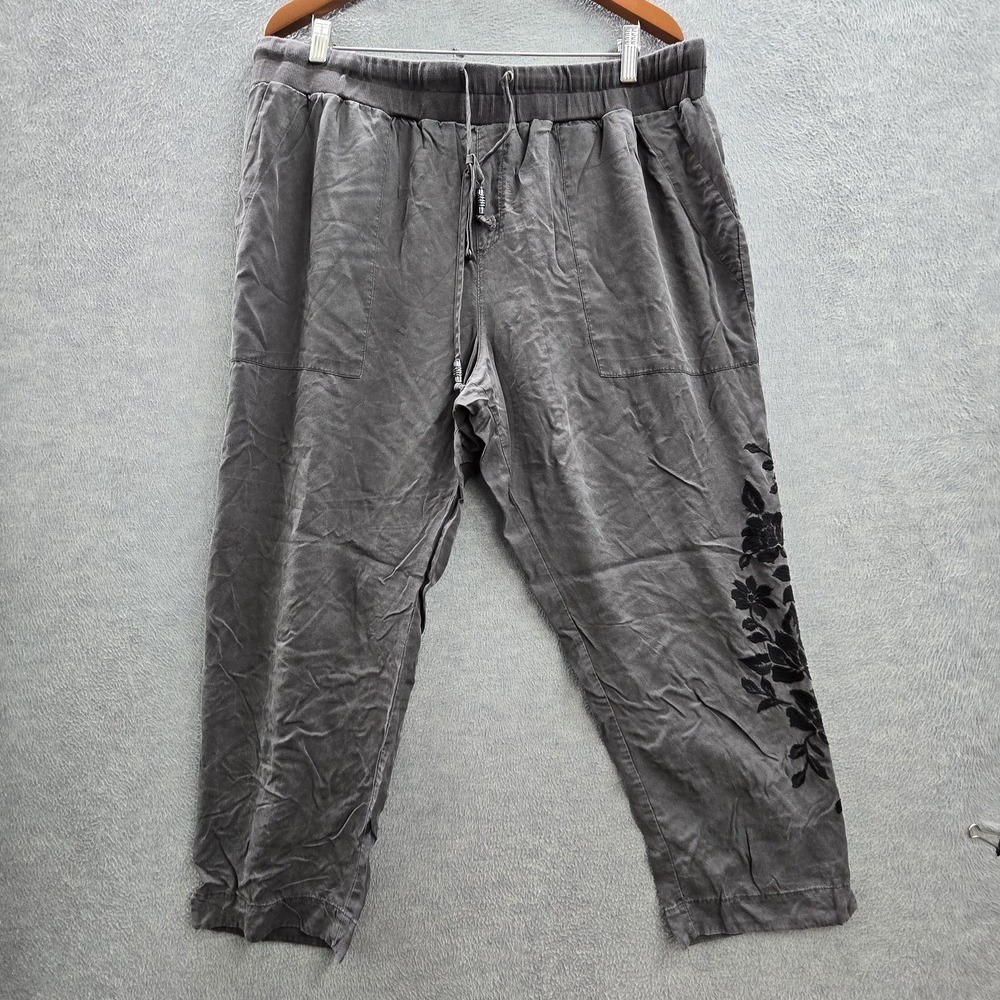 Knox Rose Women Pants XXL Gray Embroidered Floral Cottagecore Relaxed 26" Inseam